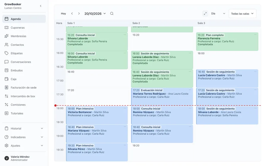 Agenda diaria de GrowBooker con citas en tres salas